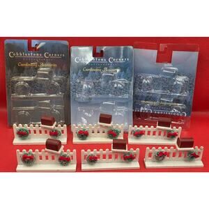 6 Cobblestone‎ Corners Accessories Christmas Village White Fence Wreaths Mailbox